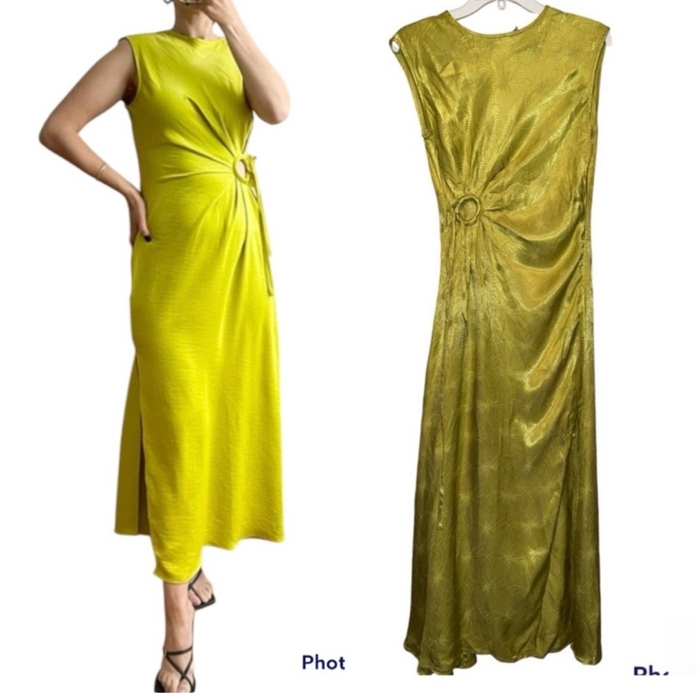 HOUSE OF HARLOW 1960 Revolve Satin Dress Side Slit Keyhole Maxi Olive Green XS